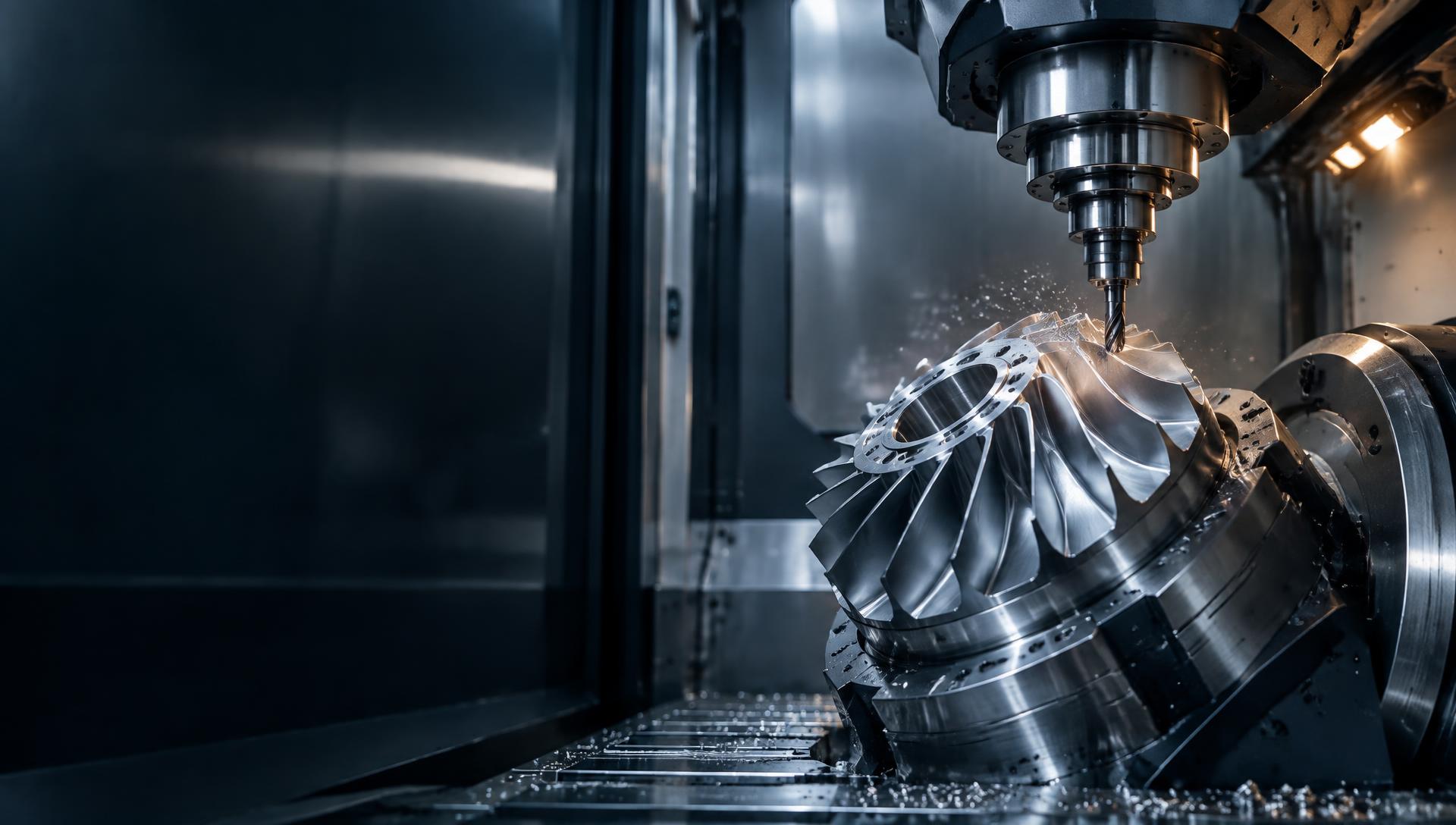 Five-axis CNC machine producing a precision metal component